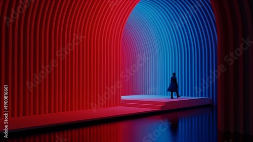 Silhouette Figure in Abstract Futuristic Corridor with Red and Blue Neon Lights