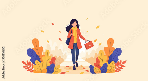 Woman walks through autumn leaves carrying a briefcase and bag