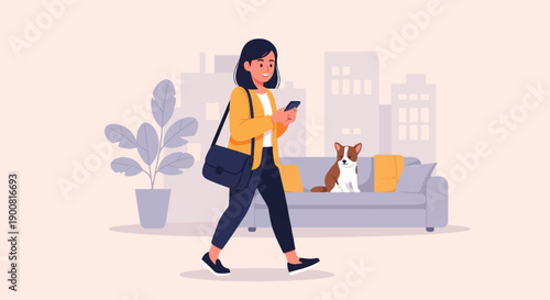 Woman walks with phone, dog sits on couch in city apartment
