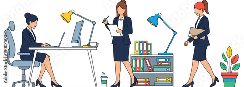Business women team working in office administration with secretary writing on clipboard and assistant at desk for corporate productivity vector.
