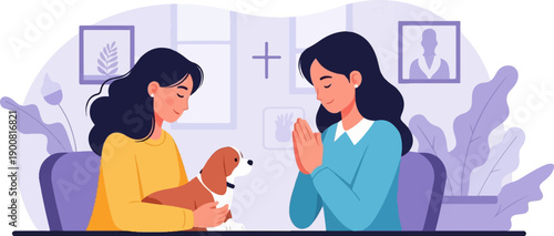 Two women, one petting a dog, are sitting indoors near decorative plants