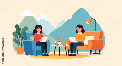 Two women sit comfortably in armchairs, discussing papers with a small dog