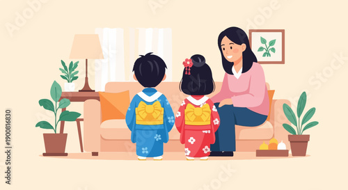 Woman with children in traditional outfits on a sofa