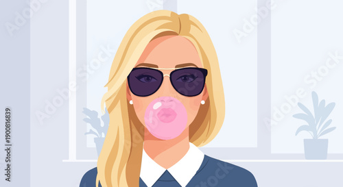 Woman with blonde hair, sunglasses, blowing bubblegum, indoor scene