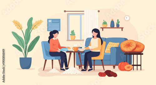 Two women sit in a cozy living room, sharing food and conversation