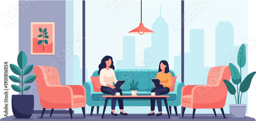 Two women sit in a modern living room with city skyline view