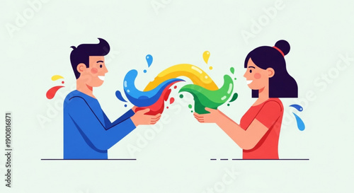 Man and Woman Exchanging Colorful Paint Splatters in Modern Illustration Style