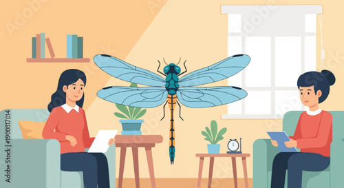 Two women sit in a room with a giant dragonfly