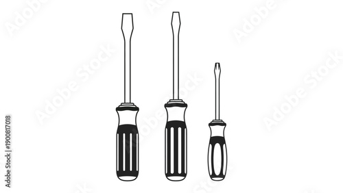 A set of three screwdrivers of different sizes on a white background