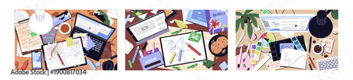Messy computer tables top view set. Dirty desks with laptops, stationery, note books, cups and papers. Office workplaces overhead with mess, disorder and heap of things. Flat vector illustrations
