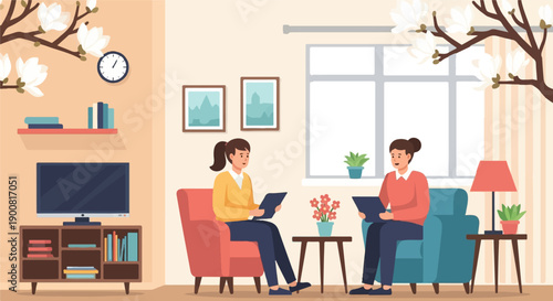 Two women sit in armchairs reading in a living room with a TV, shelf, clock, window and flowers