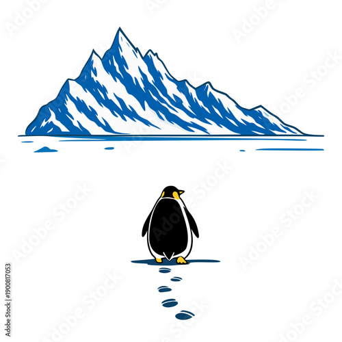 Penguin walking on snow leaving footprints to a large blue iceberg, Mountain In Antarctica. Animal adventure, journey,  discovery or loneliness concept. Vector illustration for design, banner