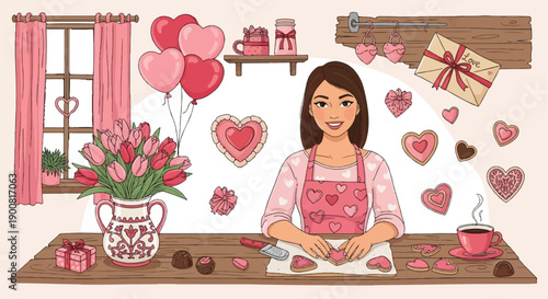 Woman making heart-shaped cookies with tulips, balloons and gifts