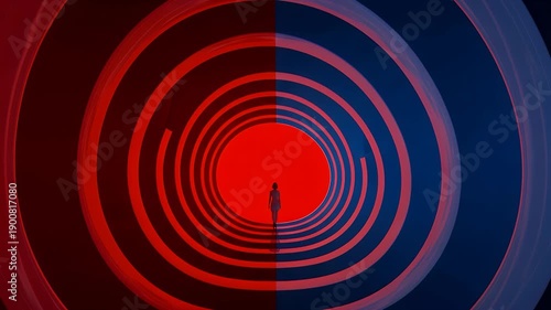 Silhouette Walking In Red Blue Split Hypnotic Tunnel Portal