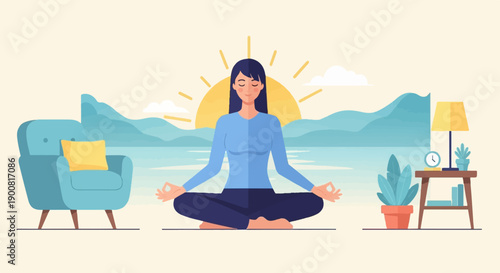 Woman meditates by a serene lake with sunrise behind mountains