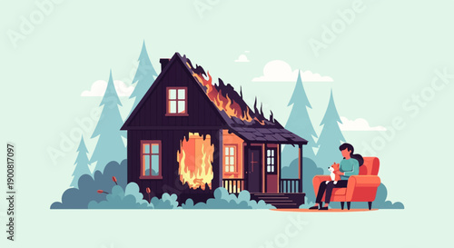 Woman with dog in armchair watches her house burn down