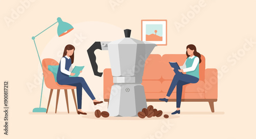 Two women reading in a cozy living room with a moka pot and coffee beans