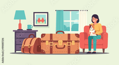 Woman with dog sits on armchair near suitcases, lamp, drawer, and window