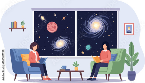 Two women reading in cozy armchairs by a window overlooking outer space