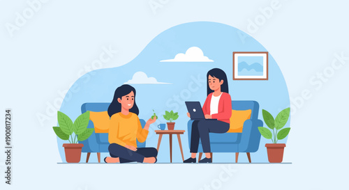 Two women relax at home, one on laptop, the other with plants