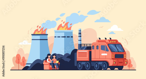 Two women sit in chairs observing a factory with cooling towers and train