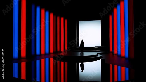 Silhouette figure entering glowing portal dramatic stage performance background