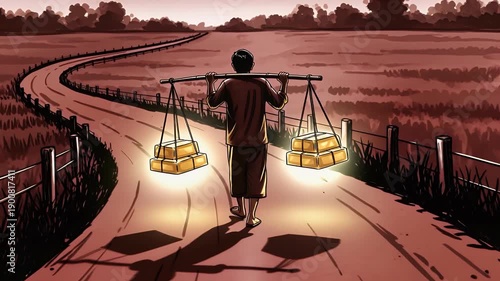 Man Carrying Gold Bars on Shoulder Yoke Walking Rural Road Illustration