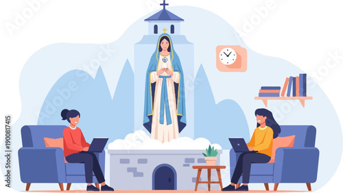 Two women sit in comfy chairs using laptops near a statue of Mary