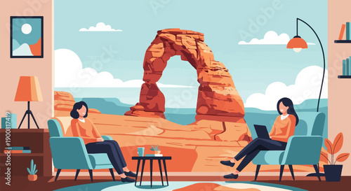 Two women relax in a living room with a window view of a natural arch