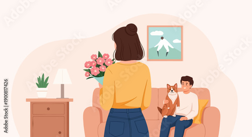 Woman with flowers, man with dog on couch, home decor