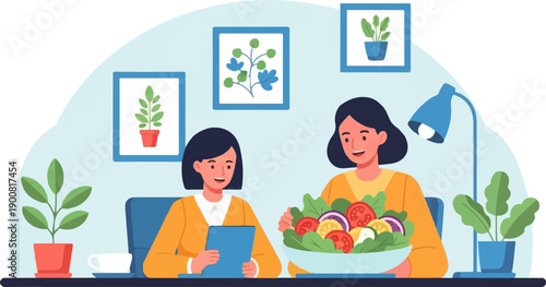 Two women enjoying a healthy meal with plants and artwork in the background