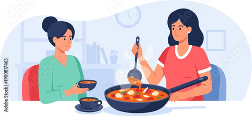 Two women enjoying a home-cooked meal, one serving soup from a pot