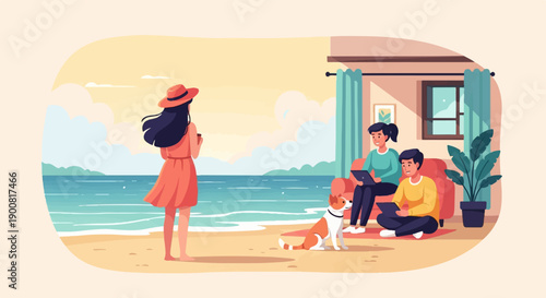 Woman on beach with dog; people indoors with laptops