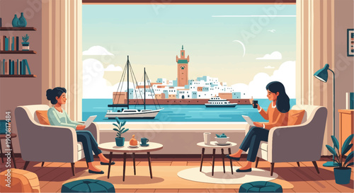 Two women relax in armchairs at home, looking out at a coastal city with boats