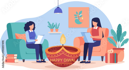 Two women relax in armchairs by a lit diya and gift, celebrating Diwali