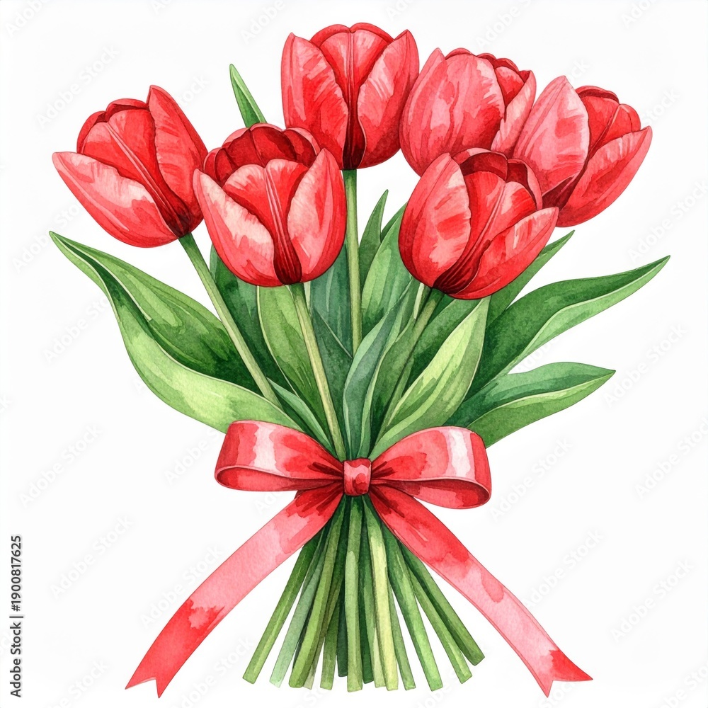 Fototapeta premium Watercolor Bouquet of Red Tulips with Green Leaves and Pink Ribbon