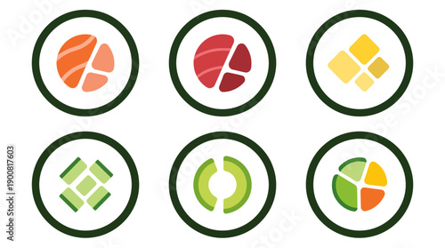 6 Flat Sushi Roll Icons Maki Set for Japanese Food Advertising