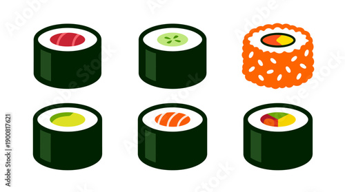 6 Solid Sushi Roll Icons Filled Style for Restaurant Branding