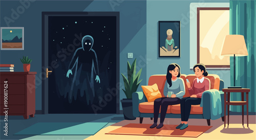 Two women sit on a sofa with a ghostly figure in the doorway