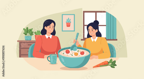 Two women enjoying a healthy meal of porridge with vegetables and fruit