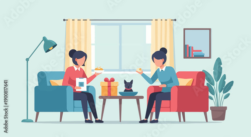 Two women relax in armchairs with a small dog and snacks