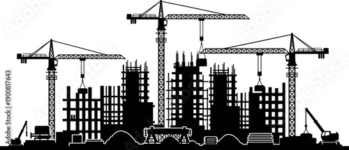 Urban building construction site skyline silhouette with tower cranes lifting heavy loads and industrial machinery vector.