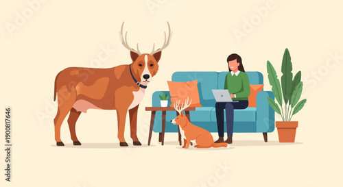 Woman on sofa with laptop, two deer-like animals in room