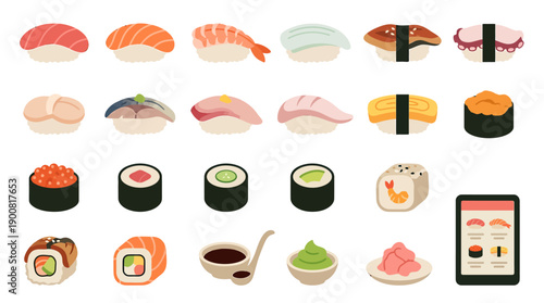 Flat Sushi & Nigiri Menu Icon Set � Japanese Restaurant, Menu Board, and Food Service System