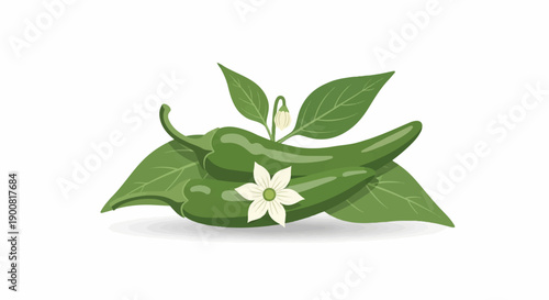 Vibrant green peppers with leaves and delicate flowers