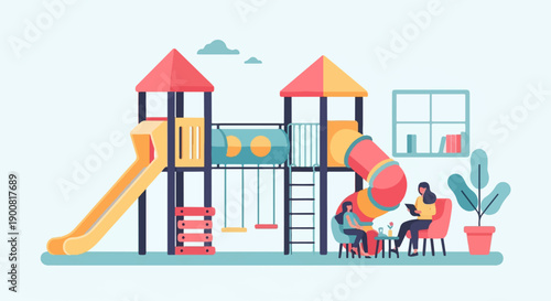 Two women sit on chairs at a table near a playground