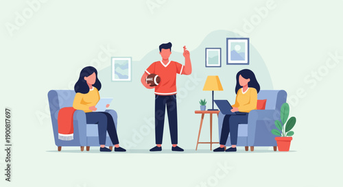 Two women relax in chairs with laptops while a man holds a football