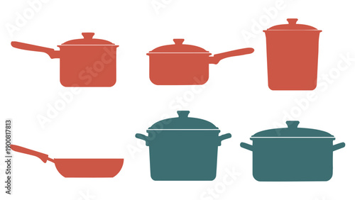 A collection of colorful kitchen pots and pans on a white background