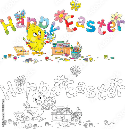Happy yellow little chick p...