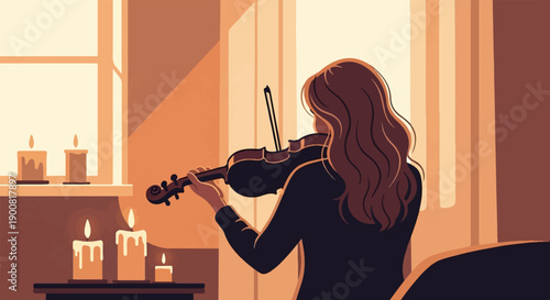 Woman plays violin by candlelight near window